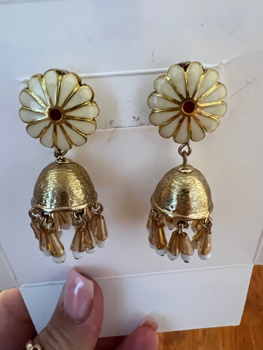 Anthropologie Gold and Cream Floral Jhumka Earrings with Amber Beads - Picture 2 of 6